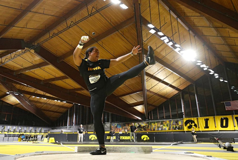Iowa’s Laulauga Tausaga throws in the women’s shot put premier event during the Larry Wieczorek Invitational at the Recreation Building in Iowa City on Friday, January 17, 2020. (Stephen Mally/hawkeyesports.com)
