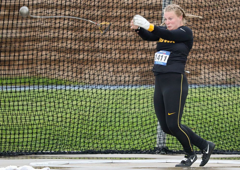 Iowa's Allison Wahrman throws during the women's hammer event during the third day of the Drake Relays at Drake Stadium in Des Moines on Saturday, Apr. 27, 2019. (Stephen Mally/hawkeyesports.com)