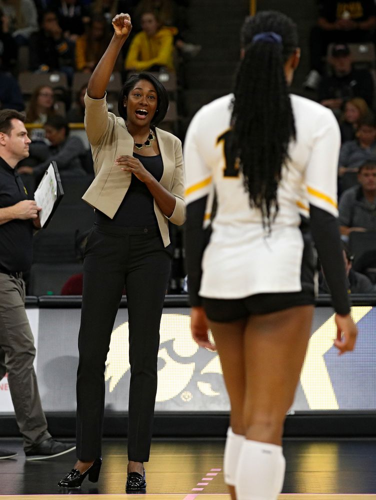 Iowa head coach Vicki Brown talks with Griere Hughes (10) during the second set of their volleyball match at Carver-Hawkeye Arena in Iowa City on Sunday, Oct 13, 2019. (Stephen Mally/hawkeyesports.com)