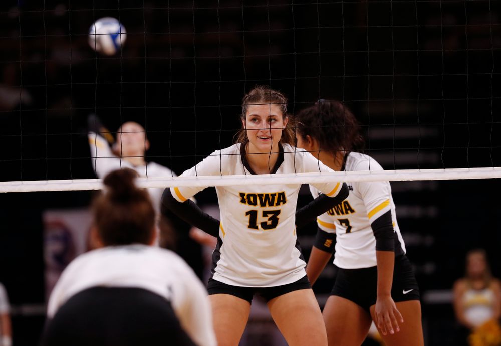 Iowa Hawkeyes middle blocker Sarah Wing (13) against the Michigan State Spartans Friday, September 21, 2018 at Carver-Hawkeye Arena. (Brian Ray/hawkeyesports.com)