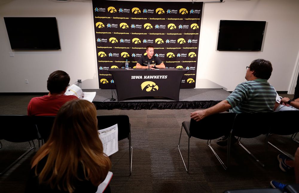 Iowa Hawkeyes head coach Bond Shymansky answers questions from reporters during the team's annual media day Friday, August 17, 2018 at Carver-Hawkye Arena. (Brian Ray/hawkeyesports.com)