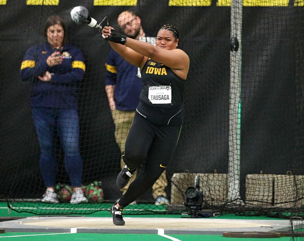 Iowa’s Laulauga Tausaga throws during the women’s weight throw event at the Hawkeye Tennis and Recreation Complex in Iowa City on Friday, January 31, 2020. (Stephen Mally/hawkeyesports.com)