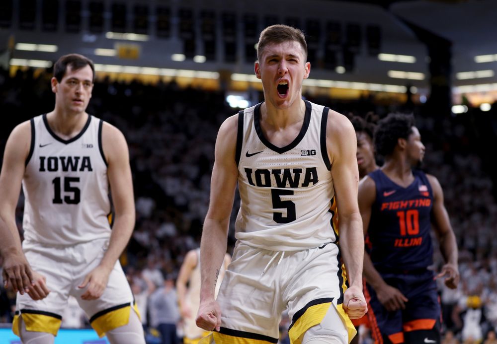 Iowa Hawkeyes guard CJ Fredrick (5) reacts after drawing a foul against the Illinois Fighting Illini Sunday, February 2, 2020 at Carver-Hawkeye Arena. (Brian Ray/hawkeyesports.com)
