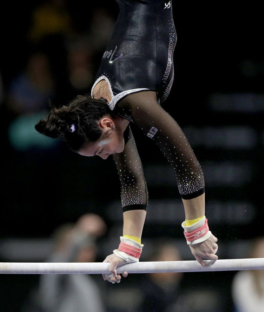 Iowa’s Carina Tolan competes on the bars against Michigan State Saturday, February 1, 2020 at Carver-Hawkeye Arena. (Brian Ray/hawkeyesports.com)