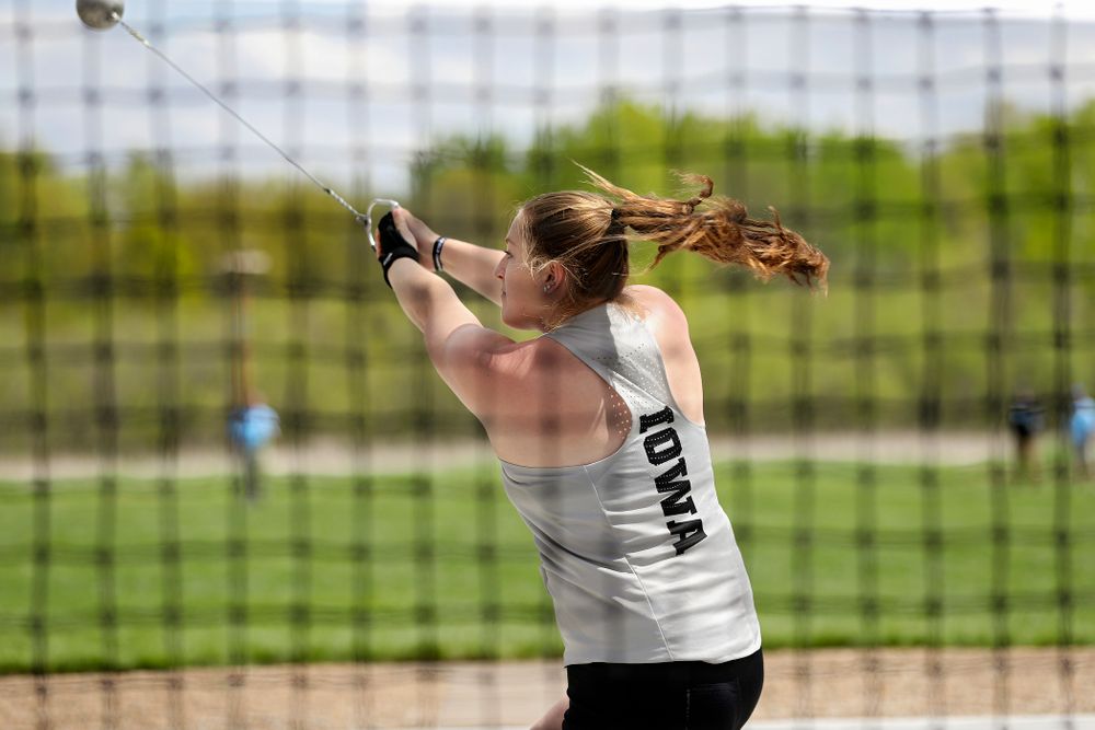 Iowa's Allison Wahrman throws during the women’s hammer throw event on the first day of the Big Ten Outdoor Track and Field Championships at Francis X. Cretzmeyer Track in Iowa City on Friday, May. 10, 2019. (Stephen Mally/hawkeyesports.com)