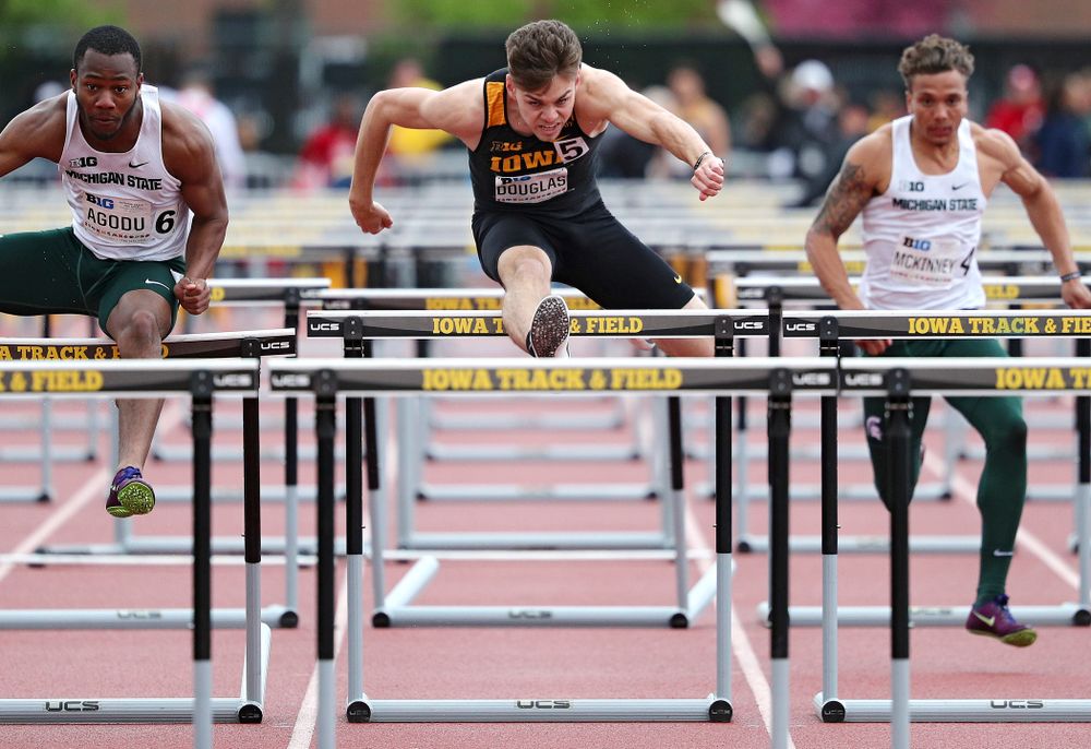 Iowa's Chris Douglas runs the men’s 110 meter hurdles event on the second day of the Big Ten Outdoor Track and Field Championships at Francis X. Cretzmeyer Track in Iowa City on Saturday, May. 11, 2019. (Stephen Mally/hawkeyesports.com)