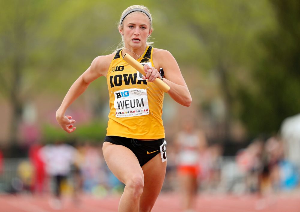 Iowa's Aly Weum runs her section of the women’s 400 meter relay event on the third day of the Big Ten Outdoor Track and Field Championships at Francis X. Cretzmeyer Track in Iowa City on Sunday, May. 12, 2019. (Stephen Mally/hawkeyesports.com)