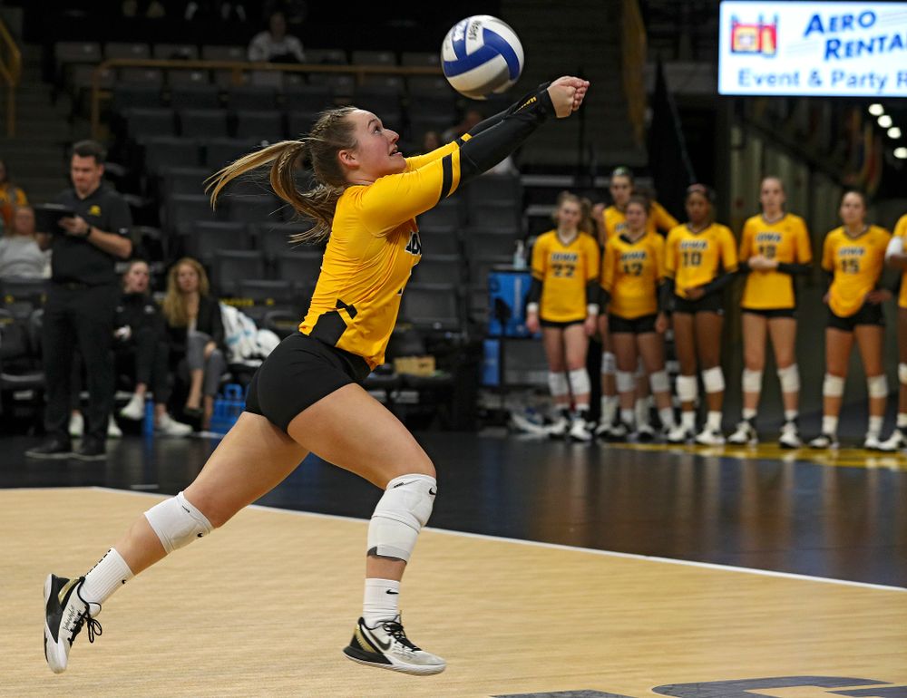 Iowa’s Joslyn Boyer (1) reaches a ball during the first set of their match at Carver-Hawkeye Arena in Iowa City on Friday, Nov 29, 2019. (Stephen Mally/hawkeyesports.com)