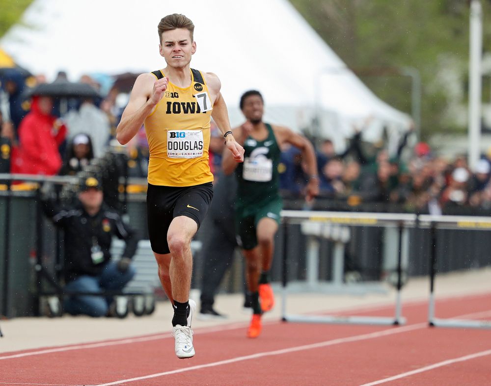 Iowa's Chris Douglas runs the men’s 400 meter hurdles event on the third day of the Big Ten Outdoor Track and Field Championships at Francis X. Cretzmeyer Track in Iowa City on Sunday, May. 12, 2019. (Stephen Mally/hawkeyesports.com)