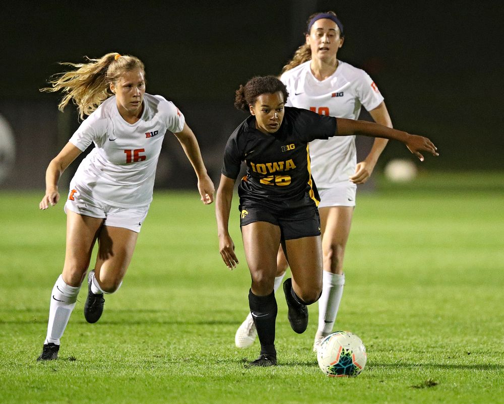 Iowa midfielder/forward Melina Hegelheimer (26) moves with the ball during the second half of their match against Illinois at the Iowa Soccer Complex in Iowa City on Thursday, Sep 26, 2019. (Stephen Mally/hawkeyesports.com)