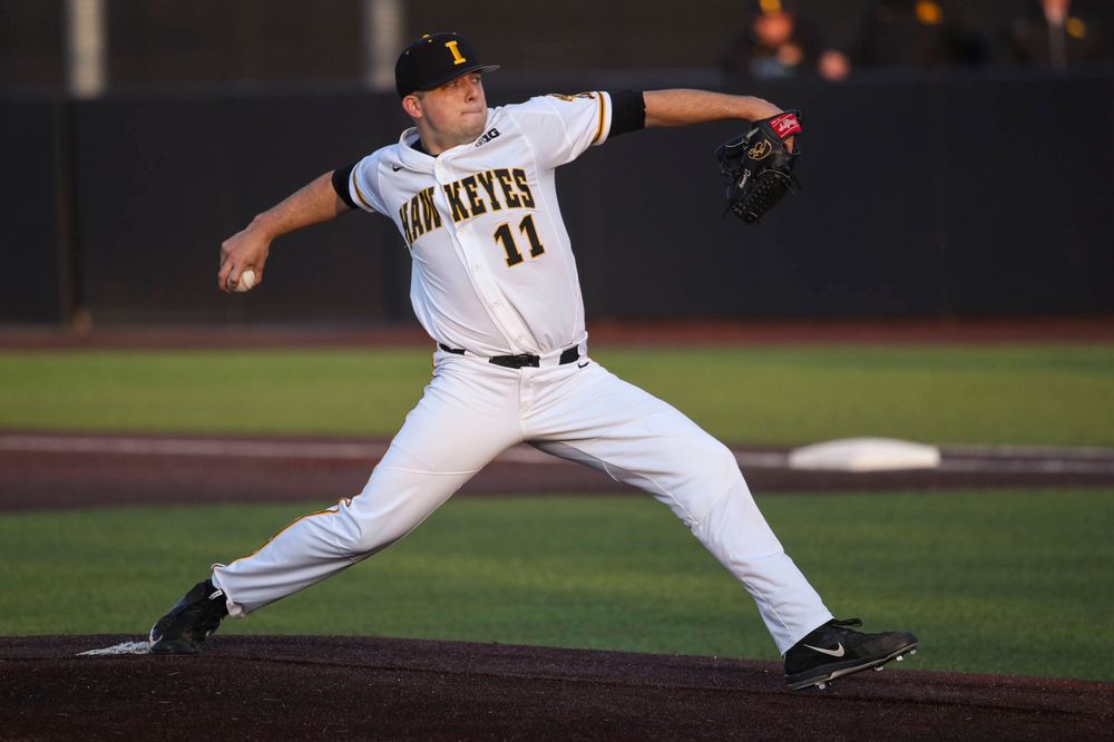 Iowa pitcher Cole McDonald  at game 1 vs Rutgers on Friday, April 5, 2019 at Duane Banks Field. (Lily Smith/hawkeyesports.com)