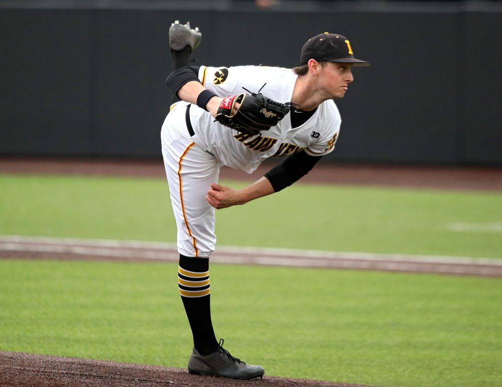 Iowa pitcher Trenton Wallace (38) delivers to the plate during the fourth inning of their college baseball game at Duane Banks Field in Iowa City on Wednesday, March 11, 2020. (Stephen Mally/hawkeyesports.com)