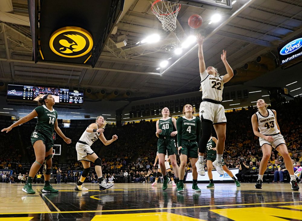 Iowa Hawkeyes guard Kathleen Doyle (22) scores a basket during the second quarter of their game at Carver-Hawkeye Arena in Iowa City on Sunday, January 26, 2020. (Stephen Mally/hawkeyesports.com)
