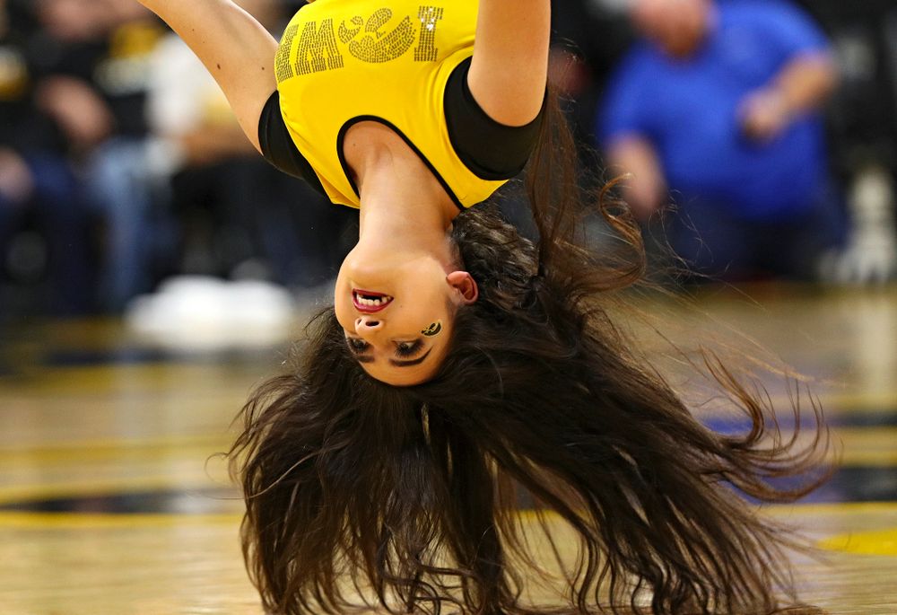 An Iowa dance team member performs during the fourth quarter of their overtime win against Princeton at Carver-Hawkeye Arena in Iowa City on Wednesday, Nov 20, 2019. (Stephen Mally/hawkeyesports.com)