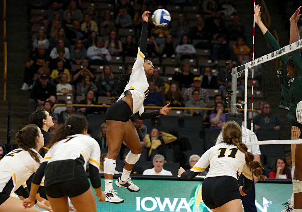 Iowa’s Griere Hughes (10) lines up a shot during the fourth set of their volleyball match at Carver-Hawkeye Arena in Iowa City on Sunday, Oct 13, 2019. (Stephen Mally/hawkeyesports.com)