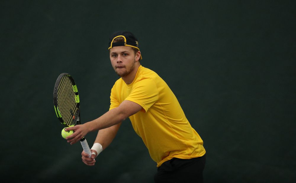 Will Davies against the Butler Bulldogs Sunday, January 27, 2019 at the Hawkeye Tennis and Recreation Complex. (Brian Ray/hawkeyesports.com)