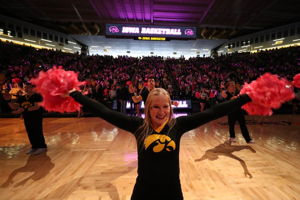 The Iowa Cheerleaders get the fans pumped up for the Hawkeyes game against the seventh ranked Maryland Terrapins Sunday, February 17, 2019 at Carver-Hawkeye Arena. (Brian Ray/hawkeyesports.com)