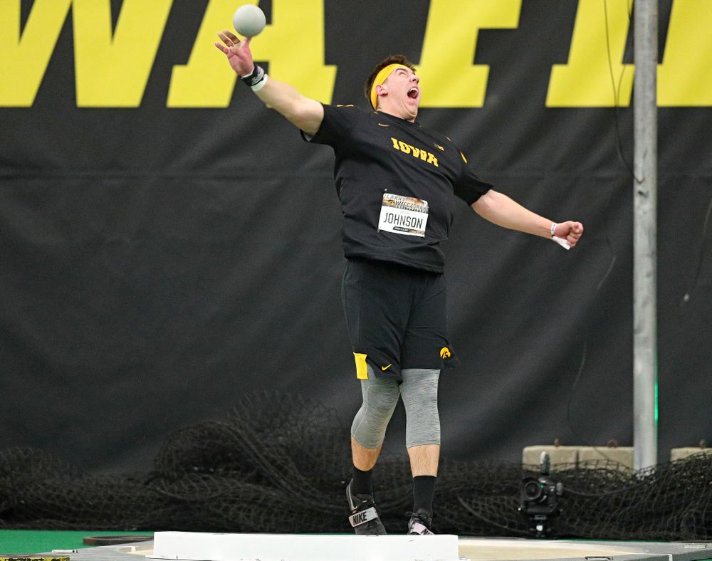 Iowa’s Jordan Johnson throws in the men’s shot put event during the Larry Wieczorek Invitational at the Hawkeye Tennis and Recreation Complex in Iowa City on Friday, January 17, 2020. (Stephen Mally/hawkeyesports.com)
