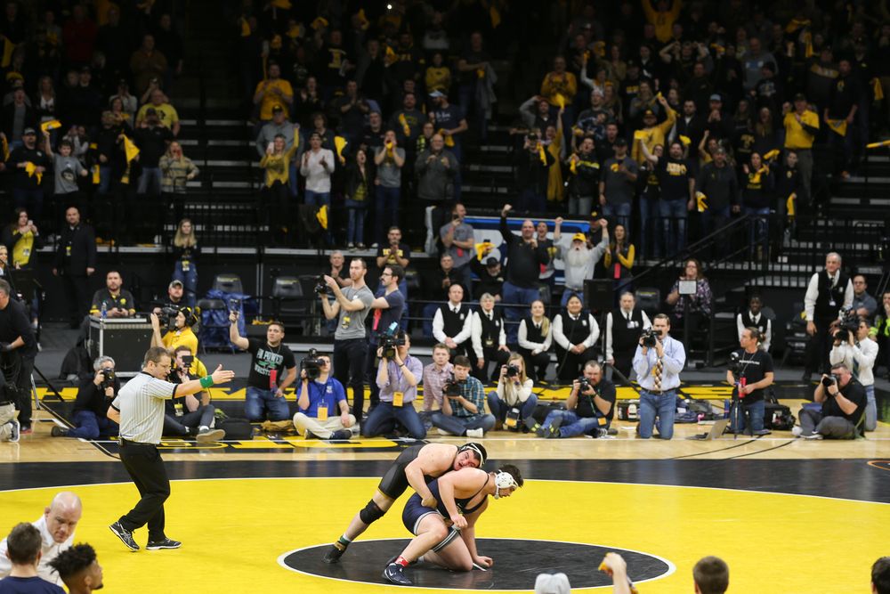 Iowa’s Tony Cassioppi wrestles Penn State’s Seth Nevills during their 285 lbs match during the Iowa wrestling dual vs Penn State on Friday, January 31, 2020 at Carver-Hawkeye Arena. (Lily Smith/hawkeyesports.com)