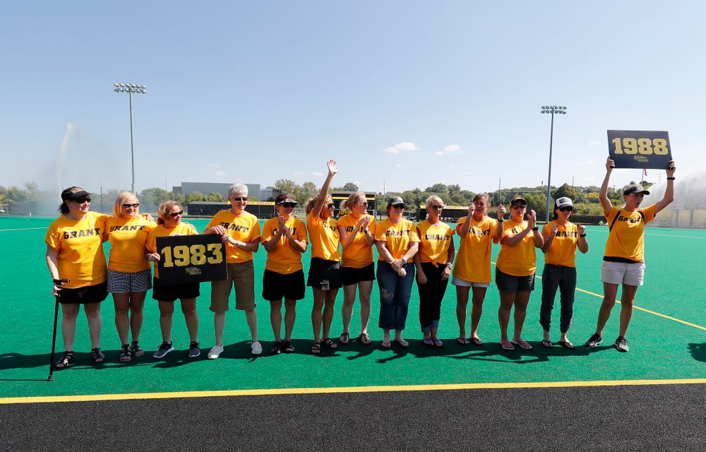Former stand out Iowa Field Hockey teams are introduced as part of an alumni reunion during halftime of the Iowa Hawkeyes game against Indiana Sunday, September 16, 2018 at Grant Field. (Brian Ray/hawkeyesports.com)
