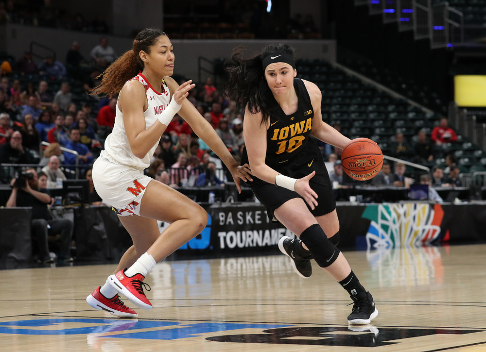 Iowa Hawkeyes forward Megan Gustafson (10) against the Maryland Terrapins Sunday, March 10, 2019 at Bankers Life Fieldhouse in Indianapolis, Ind. (Brian Ray/hawkeyesports.com)