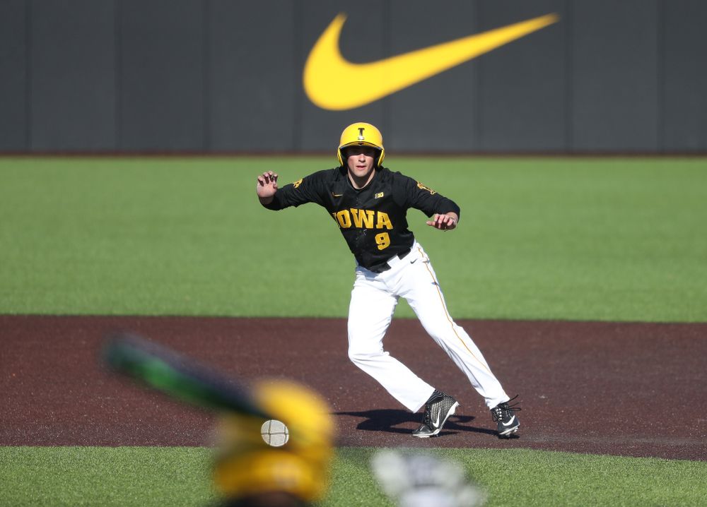 Iowa Hawkeyes outfielder Ben Norman (9) against the Bradley Braves Tuesday, March 26, 2019 at Duane Banks Field. (Brian Ray/hawkeyesports.com)