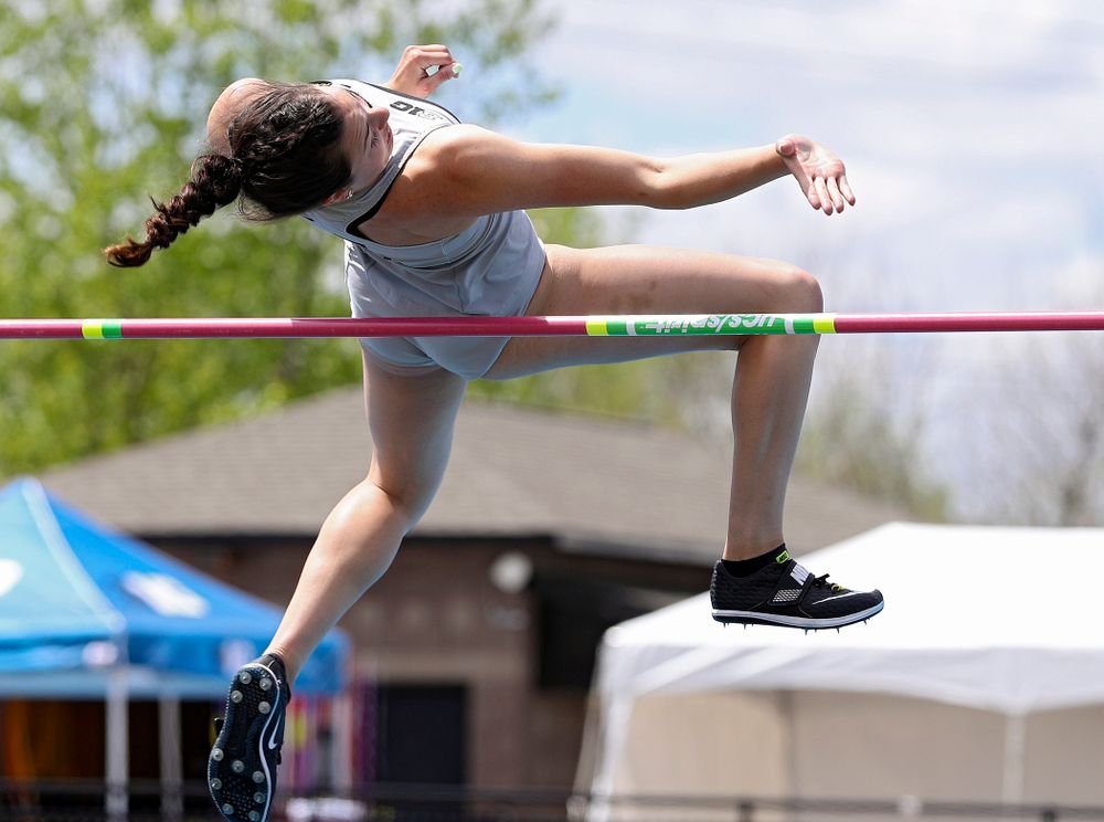 Iowa's Jenny Kimbro jumps during the women's high jump in the heptathlon event on the first day of the Big Ten Outdoor Track and Field Championships at Francis X. Cretzmeyer Track in Iowa City on Friday, May. 10, 2019. (Stephen Mally/hawkeyesports.com)