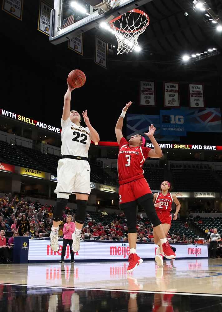 Iowa Hawkeyes guard Kathleen Doyle (22) against the Rutgers Scarlet Knights in the semi-finals of the Big Ten Tournament Saturday, March 9, 2019 at Bankers Life Fieldhouse in Indianapolis, Ind. (Brian Ray/hawkeyesports.com)
