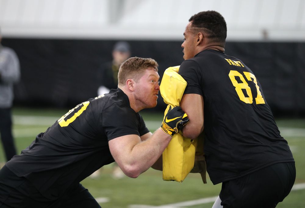Iowa Hawkeyes defensive end Parker Hesse (40) and tight end Noah Fant (87) during the teamÕs annual Pro Day Monday, March 25, 2019 at the Hansen Football Performance Center. (Brian Ray/hawkeyesports.com)