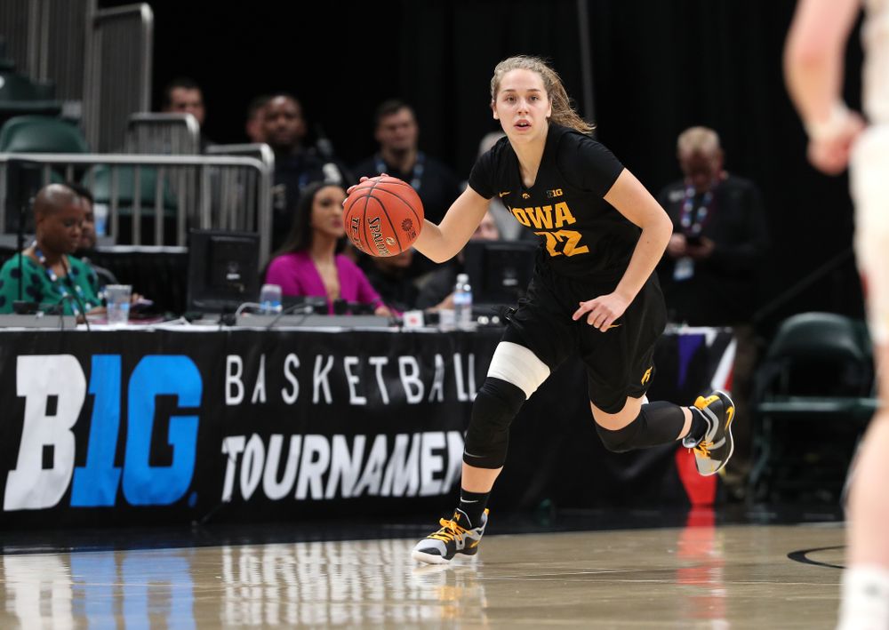 Iowa Hawkeyes guard Kathleen Doyle (22) against the Maryland Terrapins Sunday, March 10, 2019 at Bankers Life Fieldhouse in Indianapolis, Ind. (Brian Ray/hawkeyesports.com)