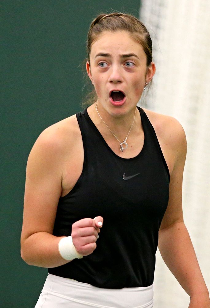 Iowa's Sophie Clark celebrates a point during their doubles match against Indiana at the Hawkeye Tennis and Recreation Complex in Iowa City on Sunday, Mar. 31, 2019. (Stephen Mally/hawkeyesports.com)
