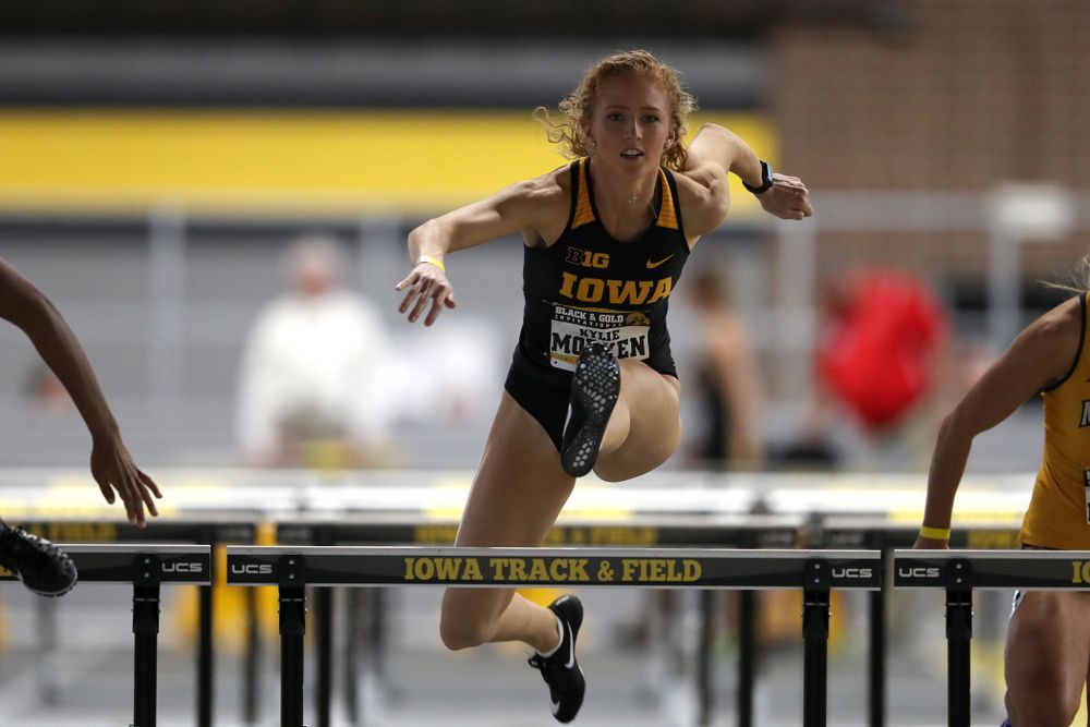 Iowa's Kylie Morken competes in the 60-meter hurdles during the Black and Gold Premier meet Saturday, January 26, 2019 at the Recreation Building. (Brian Ray/hawkeyesports.com)