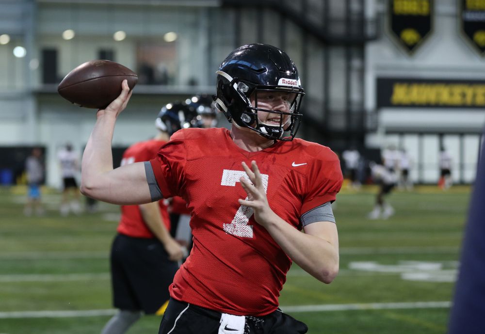 Iowa Hawkeyes quarterback Spencer Petras (7) during preparation for the 2019 Outback Bowl Monday, December 17, 2018 at the Hansen Football Performance Center. (Brian Ray/hawkeyesports.com)
