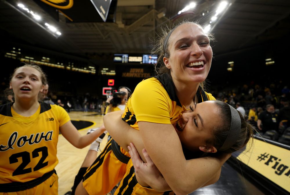 Iowa Hawkeyes guard Makenzie Meyer (3) and guard Gabbie Marshall (24) during senior day activities following their win over the Minnesota Golden Gophers Thursday, February 27, 2020 at Carver-Hawkeye Arena. (Brian Ray/hawkeyesports.com)