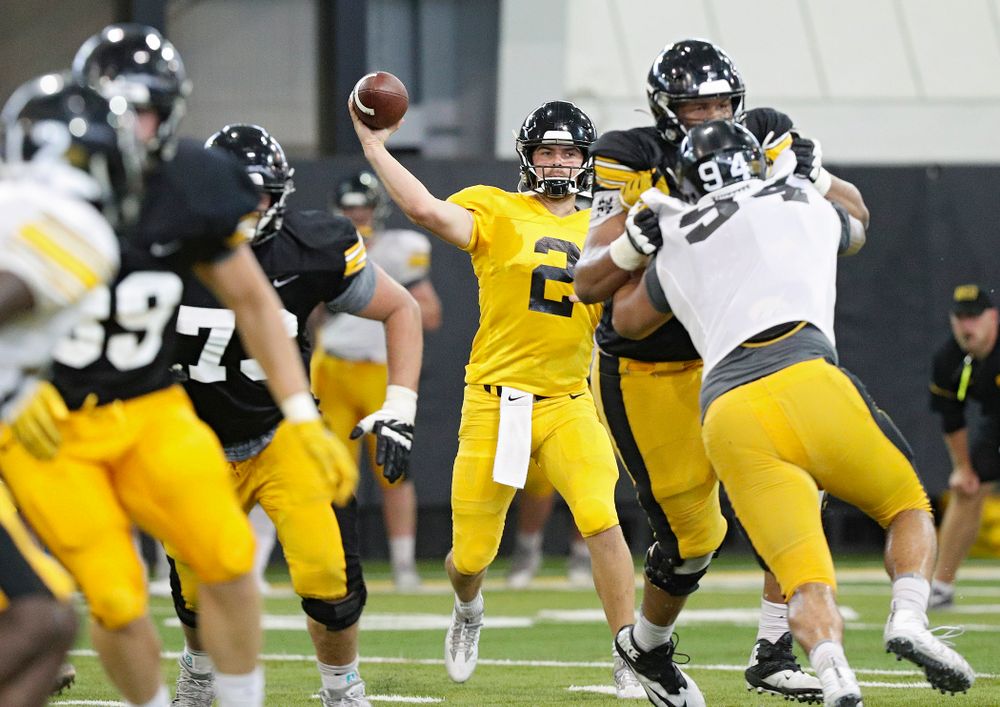 Iowa Hawkeyes quarterback Peyton Mansell (2) throws a pass during Fall Camp Practice No. 6 at the Hansen Football Performance Center in Iowa City on Thursday, Aug 8, 2019. (Stephen Mally/hawkeyesports.com)