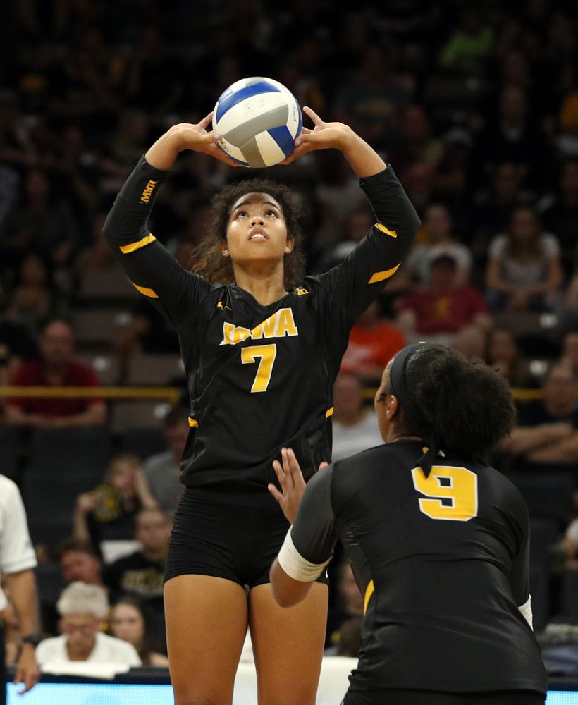Iowa Hawkeyes setter Brie Orr (7) against the Iowa State Cyclones Saturday, September 21, 2019 at Carver-Hawkeye Arena. (Brian Ray/hawkeyesports.com)