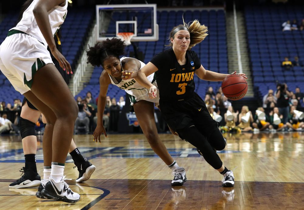 Iowa Hawkeyes guard Makenzie Meyer (3) against the Baylor Lady Bears in the regional final of the 2019 NCAA Women's College Basketball Tournament Monday, April 1, 2019 at Greensboro Coliseum in Greensboro, NC.(Brian Ray/hawkeyesports.com)