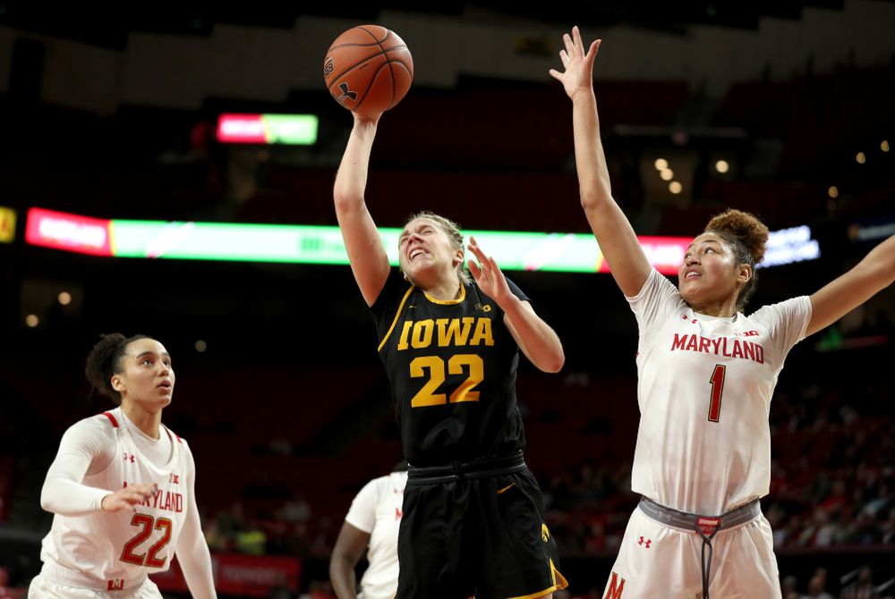 Iowa Hawkeyes guard Kathleen Doyle (22) against the Maryland Terrapins Thursday, February 13, 2020 at the Xfinity Center in College Park, MD. (Brian Ray/hawkeyesports.com)