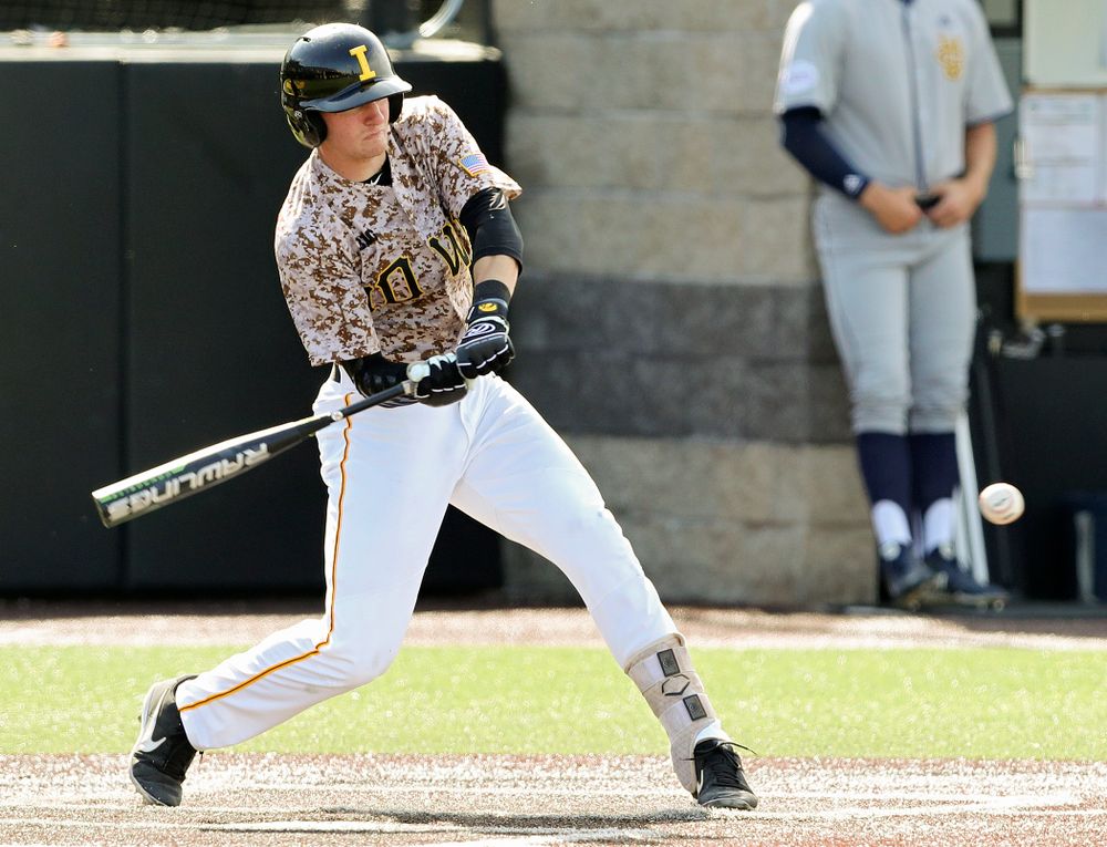 Iowa Hawkeyes third baseman Brendan Sher (2) gets a hit during the eighth inning of their game against UC Irvine at Duane Banks Field in Iowa City on Sunday, May. 5, 2019. (Stephen Mally/hawkeyesports.com)