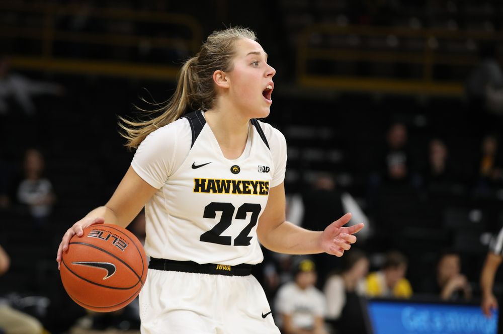 Iowa Hawkeyes guard Kathleen Doyle (22) against the Wisconsin Badgers Monday, January 7, 2019 at Carver-Hawkeye Arena.  (Brian Ray/hawkeyesports.com)