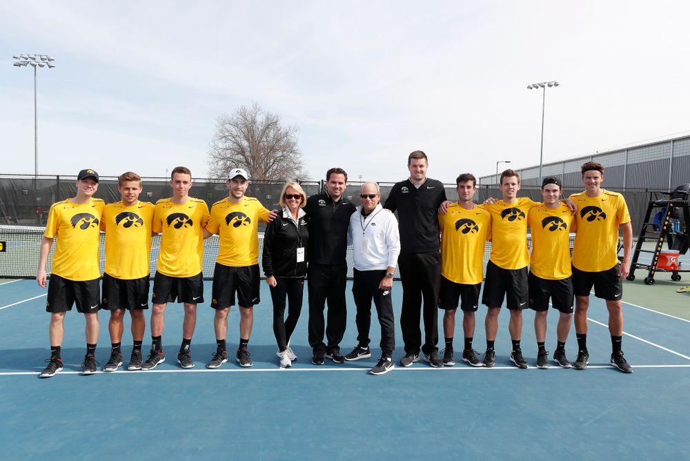 Kirk and Diane Mellecker, of Park City, Utah, are recognized with the Hawkeyes before their game against Northwestern in the first round of the 2018 Big Ten Men's Tennis Tournament Thursday, April 26, 2018 at the Hawkeye Tennis and Recreation Complex. (Brian Ray/hawkeyesports.com)
