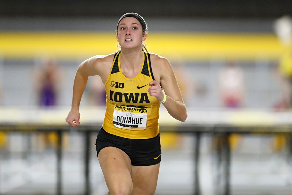 Iowa’s Carly Donahue competes in the women’s 60 meter hurdles prelims event during the Jimmy Grant Invitational at the Recreation Building in Iowa City on Saturday, December 14, 2019. (Stephen Mally/hawkeyesports.com)