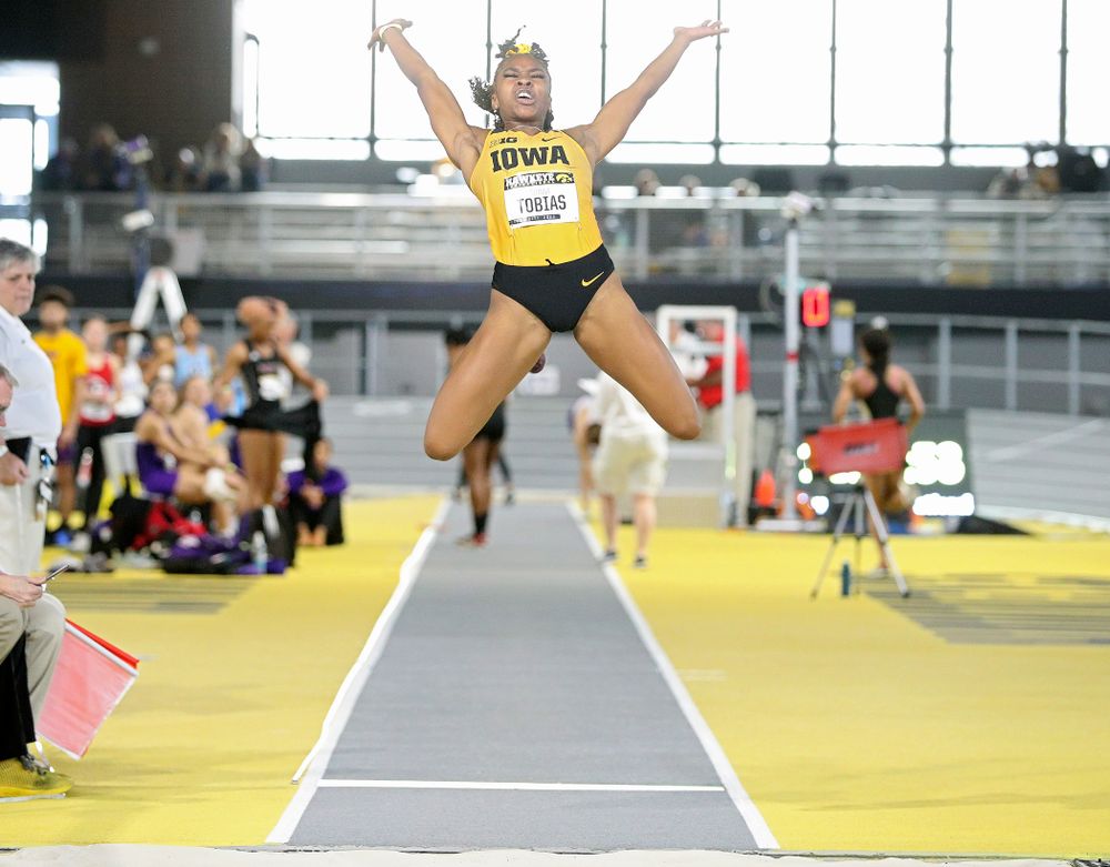 Iowa’s Tionna Tobias competes in the women’s long jump event during the Hawkeye Invitational at the Recreation Building in Iowa City on Saturday, January 11, 2020. (Stephen Mally/hawkeyesports.com)