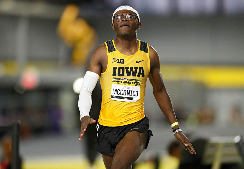 Iowa’s Jaylan McConico competes in the men’s 60 meter hurdles prelims event during the Jimmy Grant Invitational at the Recreation Building in Iowa City on Saturday, December 14, 2019. (Stephen Mally/hawkeyesports.com)