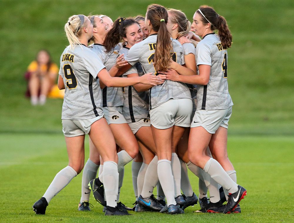 Iowa defender Sara Wheaton (24) celebrates with her teammates after scoring a goal during the first half of their match at the Iowa Soccer Complex in Iowa City on Friday, Sep 13, 2019. (Stephen Mally/hawkeyesports.com)