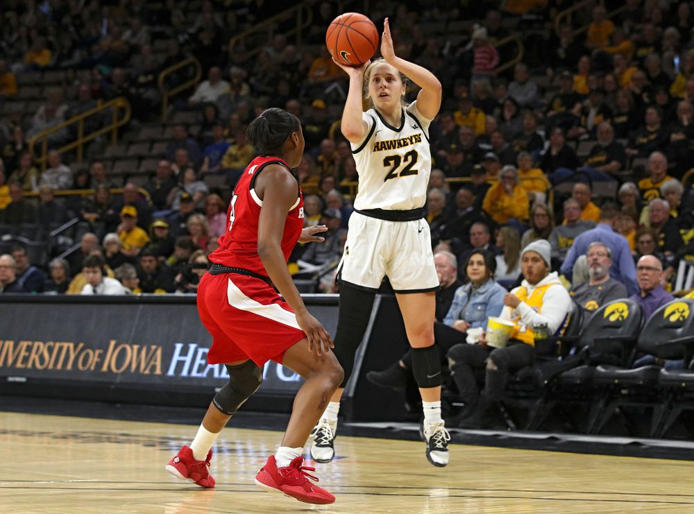 Iowa Hawkeyes guard Kathleen Doyle (22) makes a 3-pointer during the second quarter of the game at Carver-Hawkeye Arena in Iowa City on Thursday, February 6, 2020. (Stephen Mally/hawkeyesports.com)