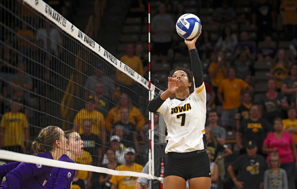 Iowa’s Brie Orr (7) tips the ball over the net during their Big Ten/Pac-12 Challenge match at Carver-Hawkeye Arena in Iowa City on Saturday, Sep 7, 2019. (Stephen Mally/hawkeyesports.com)