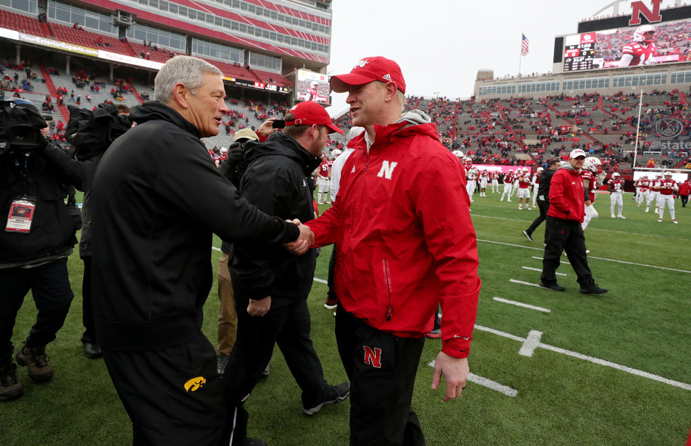 Iowa Hawkeyes head coach Kirk Ferentz and Nebraska Cornhuskers head coach Scott Frost before their game Friday, November 29, 2019 at Memorial Stadium in Lincoln, Neb. (Brian Ray/hawkeyesports.com)