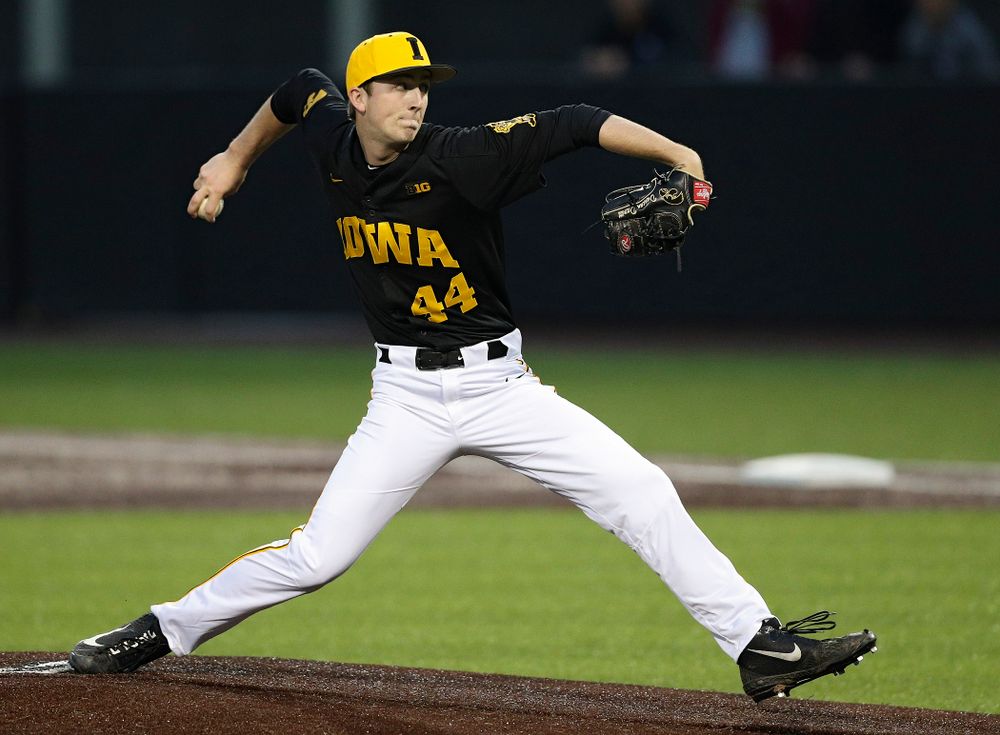 Iowa Hawkeyes pitcher Duncan Davitt (44) delivers to the plate for a strikeout during the sixth inning of their game against Western Illinois at Duane Banks Field in Iowa City on Wednesday, May. 1, 2019. (Stephen Mally/hawkeyesports.com)