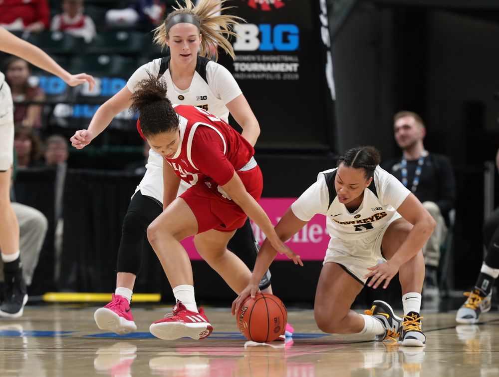 Iowa Hawkeyes guard Alexis Sevillian (5) against the Indiana Hoosiers in the quarterfinals of the Big Ten Tournament Friday, March 8, 2019 at Bankers Life Fieldhouse in Indianapolis, Ind. (Brian Ray/hawkeyesports.com)